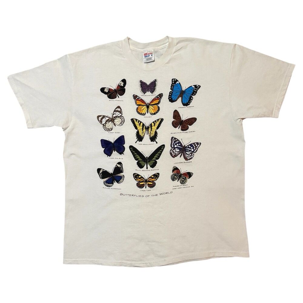 Vintage 90s Butterflies of the World T Shirt XL Hanes Liberty Graphics Nature - Picture 1 of 4